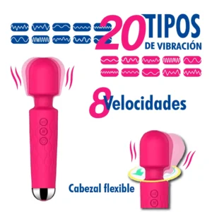 Diagrama explicativo del vibrador tipo varita recargable fucsia detallando sus 20 patrones de vibración, 8 niveles de velocidad y el funcionamiento de su cabezal flexible oscilante.
