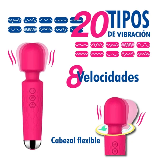 Diagrama explicativo del vibrador tipo varita recargable fucsia detallando sus 20 patrones de vibración, 8 niveles de velocidad y el funcionamiento de su cabezal flexible oscilante.