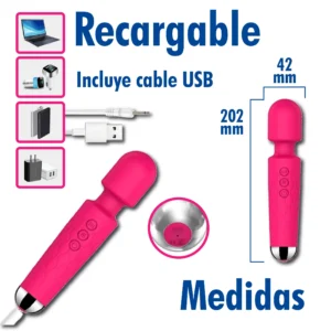 Dimensiones precisas del vibrador varita de 202 mm de largo por 42 mm de ancho con su cable USB recargable y compatibilidad con laptops, cargadores y baterías portátiles.