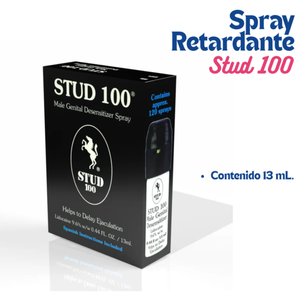 "Empaque oficial y frasco del Spray Retardante Stud 100 con 9.6% de lidocaína por Pound International Corporation"