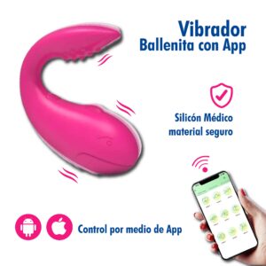 Vista frontal del vibrador ballenita con app de color fucsia fabricado en silicón médico junto a un smartphone mostrando la pantalla de control para iOS y Android de Eroticworldtoys.