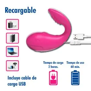 Detalle del sistema de carga por cable USB del vibrador ballenita recargable mostrando compatibilidad con cargadores, laptops y power banks con tiempo de uso de 60 minutos.