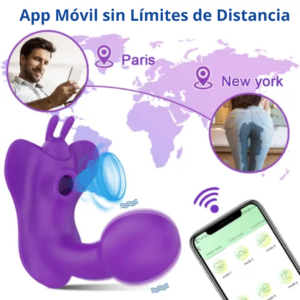 Mapa mundial que ilustra la conexión del vibrador mariposa con app de larga distancia entre parejas en París y Nueva York controlando el estimulador de silicona de forma remota.