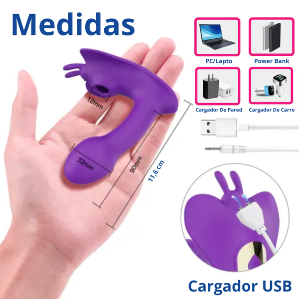 Diagrama que detalla las medidas de 11.6 cm del vibrador mariposa con app en una mano, mostrando la compatibilidad del cable de cargador USB con laptops, baterías portátiles y cargadores de pared de Eroticworldtoys.