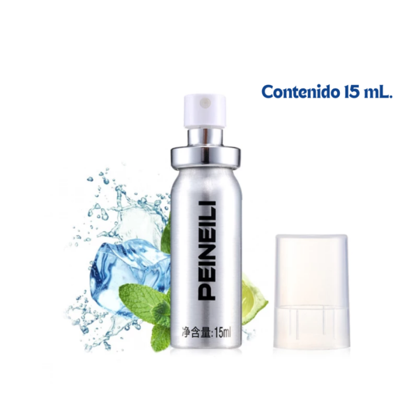Frasco metálico de spray retardante Peineili de 15mL con diseño premium y efecto de frescura herbal.