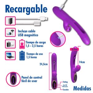 Vibrador Triple Estimulación Con Movimiento y Succión, Púrpura. - Imagen 3