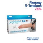 Caja de empaque azul y blanco de Fantasy X-Tensions Elite con imagen de dildo realista y especificaciones de 6 pulgadas.