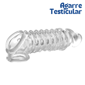 Funda de pene transparente con detalle del anillo de agarre testicular.