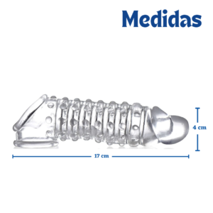 Infografía de medidas: 17 cm de largo y 4 cm de ancho de la funda penis extensión.