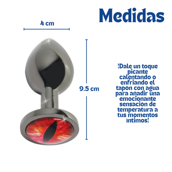 Infografía con dimensiones de 9,5 cm de longitud y 4 cm de diámetro del plug anal Sinester Eye talla L