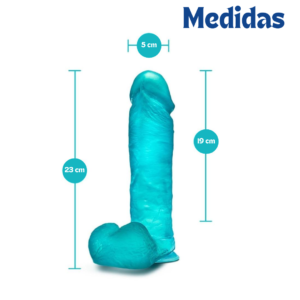 Infografía detallada con las dimensiones del dildo realista con ventosa: 23 cm de longitud total, 19 cm insertables y 5 cm de diámetro.