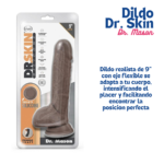 Empaque oficial del dildo realista de silicona Dr. Mason de la marca Dr. Skin, destacando sus 9 pulgadas de longitud, eje flexible y compatibilidad con arnés para una experiencia placentera.
