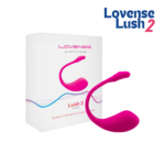 Caja de diseño minimalista y presentación comercial del vibrador bluetooth Lovense Lush 2 para el placer en pareja.