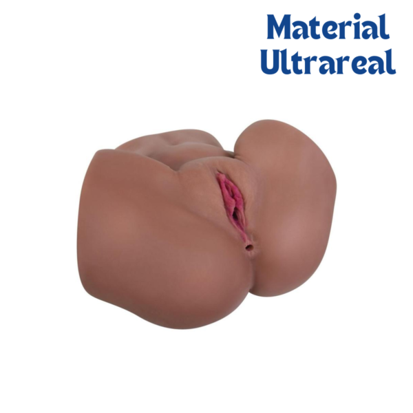 Ángulo detallado en perspectiva de los canales del masturbador realista de doble entrada, mostrando el realismo de los labios vaginales y la elasticidad del material.