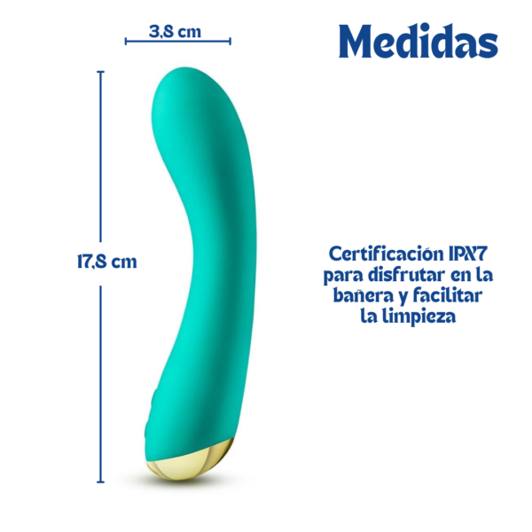 Infografía con las medidas del vibrador de silicona punto G Aria Luscious AF (17,8 cm de largo y 3,8 cm de ancho) indicando su certificación IPX7 a prueba de agua.