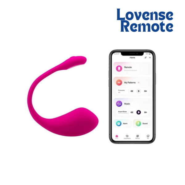 Vibrador bluetooth Lovense Lush 2 en color magenta junto a un teléfono inteligente que muestra la aplicación de control a distancia Lovense Remote.