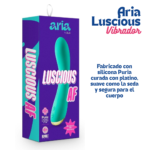 Empaque oficial y vibrador de silicona punto G Aria Luscious AF en color turquesa, destacando su material hipoalergénico de grado médico Puria.