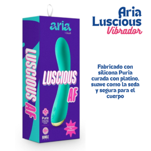 Empaque oficial y vibrador de silicona punto G Aria Luscious AF en color turquesa, destacando su material hipoalergénico de grado médico Puria.