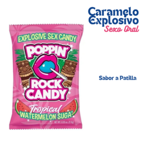 Detalle del empaque rosa de caramelos explosivos para sexo oral Poppin Rock Candy sabor Tropical Watermelon Suga de Eroticworldtoys.