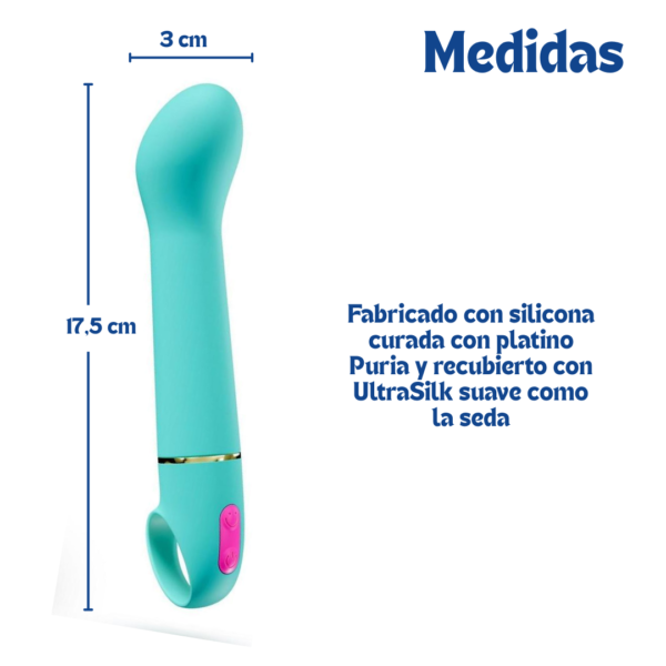 Dimensiones de 17.5 cm de largo y 3 cm de ancho del vibrador estimulador punto G Aria Flirty de silicona curada con platino.