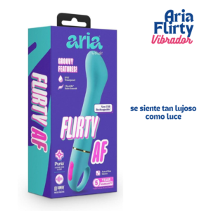 Empaque de color morado y turquesa del vibrador estimulador punto G Aria Flirty AF de Blush con el sello de silicona Puria.