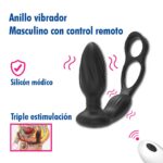 Anillo vibrador masculino con plug anal para estimulación prostática y control remoto inalámbrico.