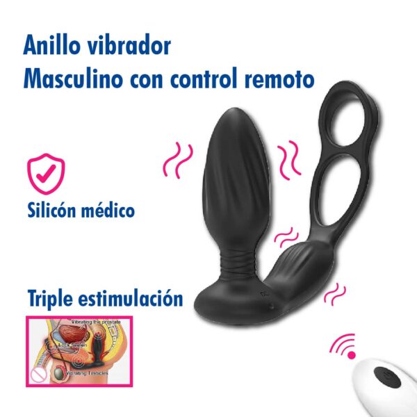 anillo-vibrador-masculino-triple-accion.webp (2) Anillo vibrador masculino con plug anal para estimulación prostática y control remoto inalámbrico.