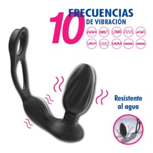 Anillo vibrador masculino totalmente resistente al agua mostrando sus 10 frecuencias de intensidad.