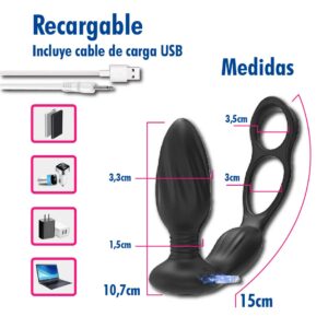 Dimensiones anatómicas del anillo vibrador masculino y detalle del cable de carga USB magnético.