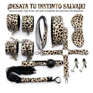 Set de Bondage Leopardo completo de 8 piezas para parejas.