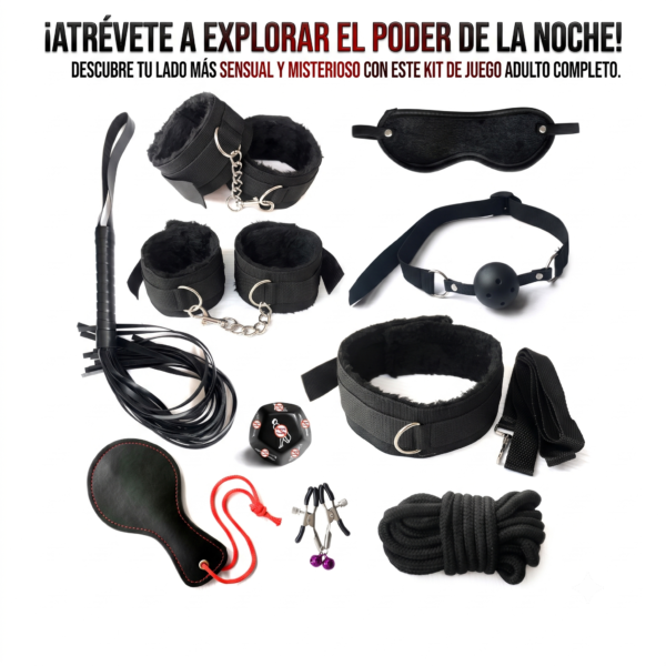 Juego de amarres BDSM de 10 piezas con paleta color negro Eroticworldtoys