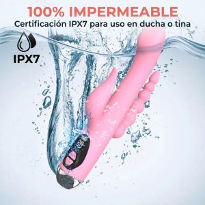 Vibrador íntimo triple estimulación sumergido en agua con certificación IPX7.